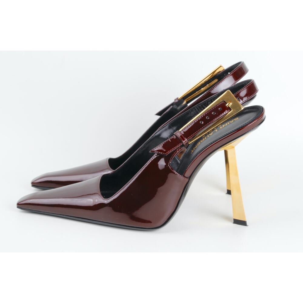 Saint Laurent Lee Burgundy Patent Leather Slingback Pointed Toe Heels Gold 37 - Picture 3 of 16